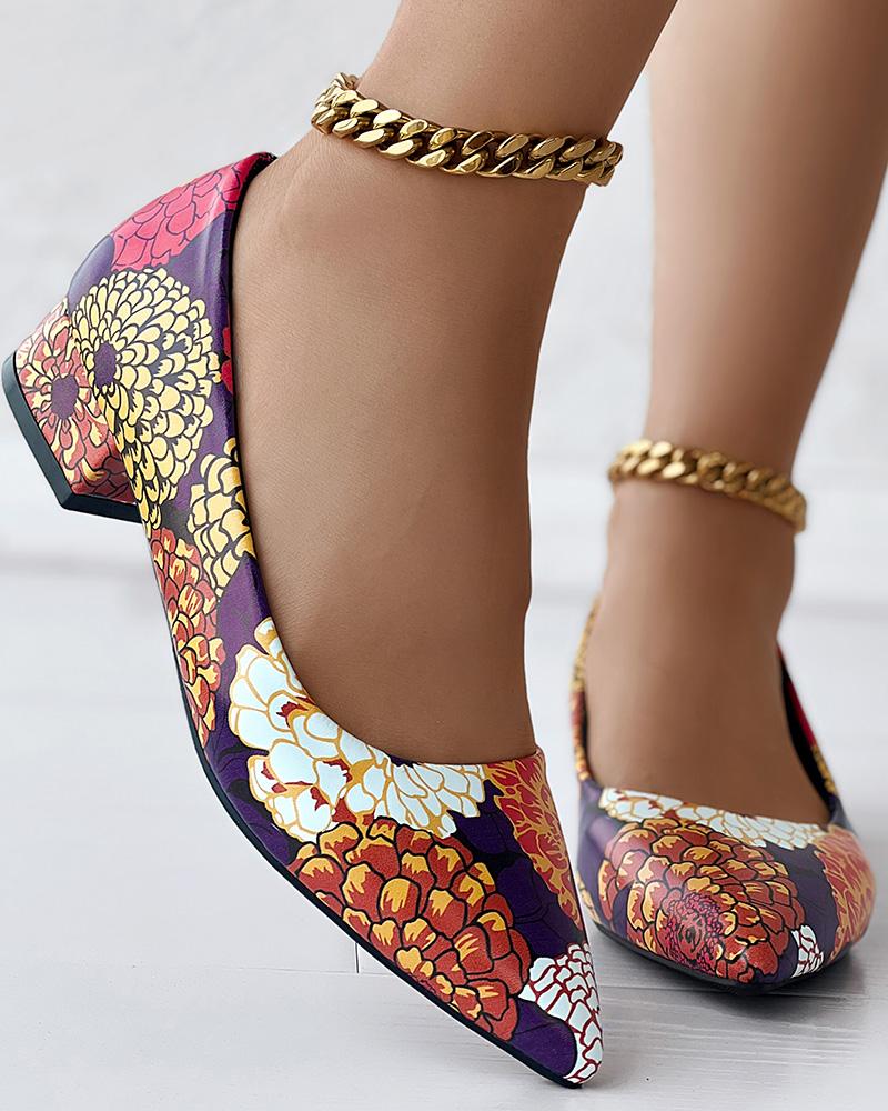 Floral Print Point Toe Chunky Heel Pumps