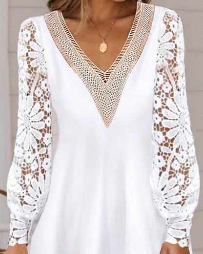 Contrast Lace Lantern Sleeve Casual Dress