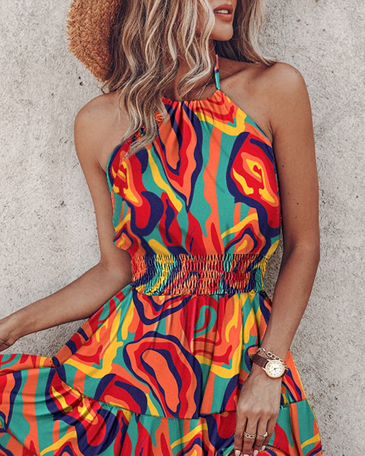 Multi Color Abstract Print Halter Dress