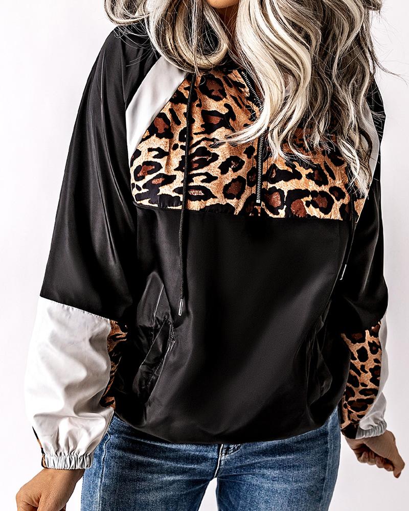 Colorblock Leopard Print Zipper Design Hoodie