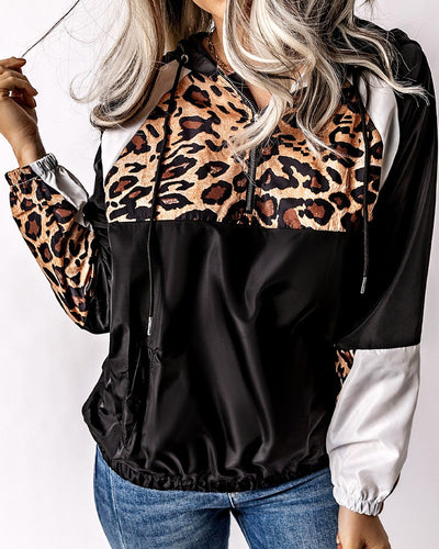 Colorblock Leopard Print Zipper Design Hoodie