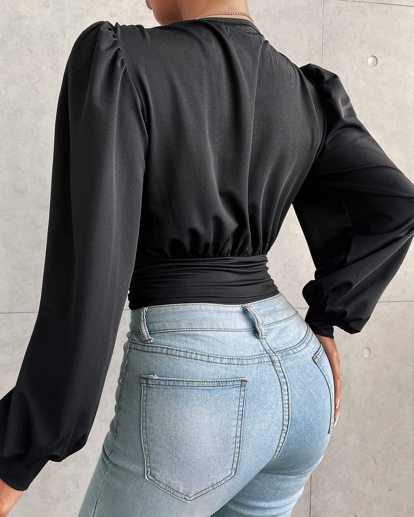 Plunge Puff Sleeve Ruched Bodysuit