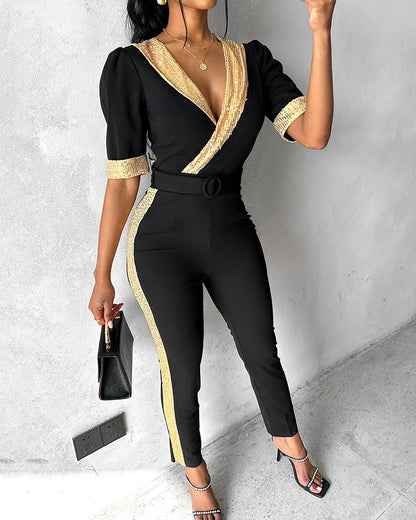 Contrast Sequin V Neck Belted Jumpsuit