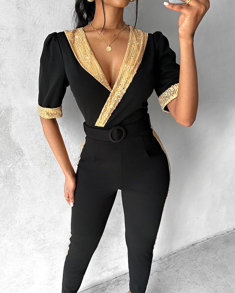 Contrast Sequin V Neck Belted Jumpsuit