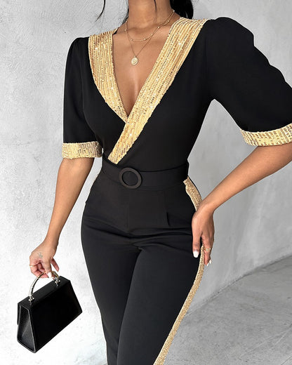 Contrast Sequin V Neck Belted Jumpsuit