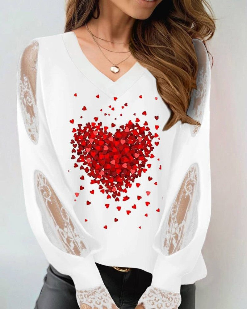 Heart Print Contrast Lace V Neck Top