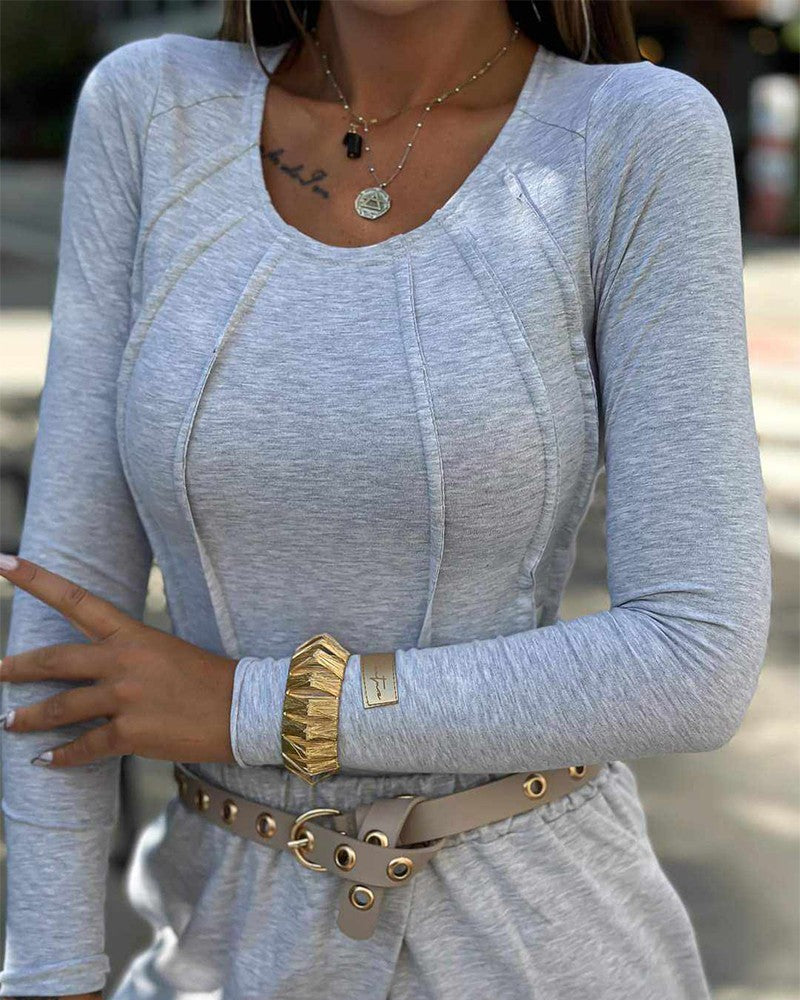Round Neck Long Sleeve Piping Top
