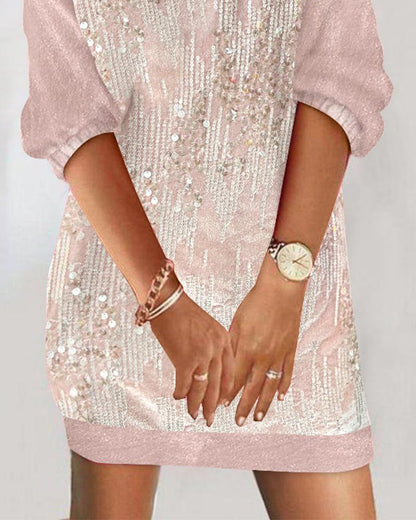 Contrast Sequin Velvet V Neck Casual Dress