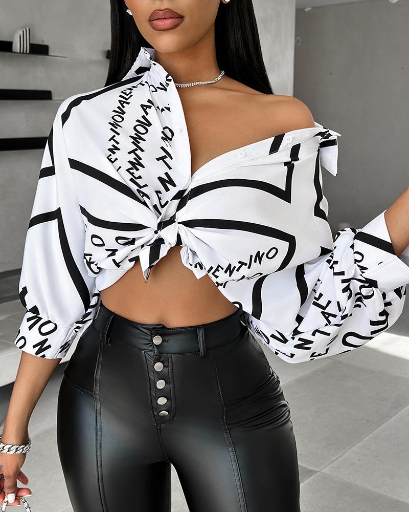 Letter Geometric Print Buttoned Top