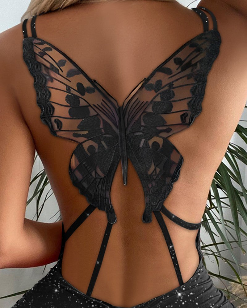 Glitter Butterfly Pattern Hollow Out Bodycon Dress