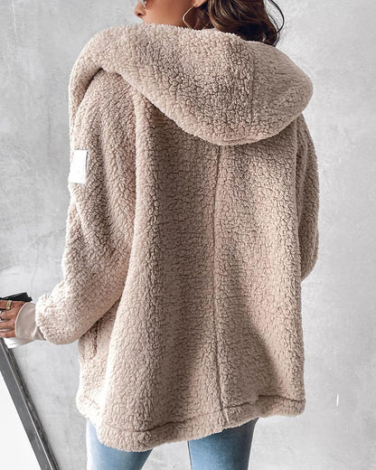 Buttoned Pocket Design Hooded Teddy Coat