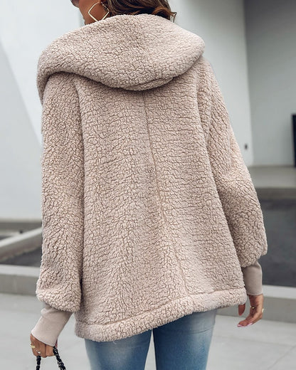 Buttoned Pocket Design Hooded Teddy Coat