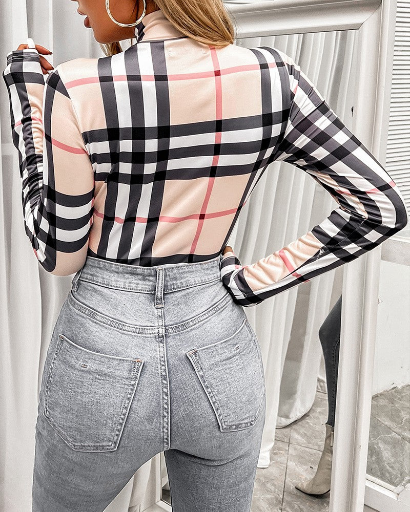 Plaid Print Zipper Design Long Sleeve Skinny Bodysuit