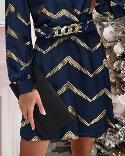 Chevron Print Colorblock Long Sleeve Dress