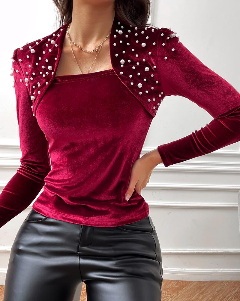 Beaded Velvet Asymmetrical Neck Top