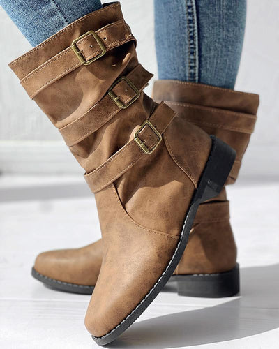 Buckled Vintage Chunky Heel Ankle Boots