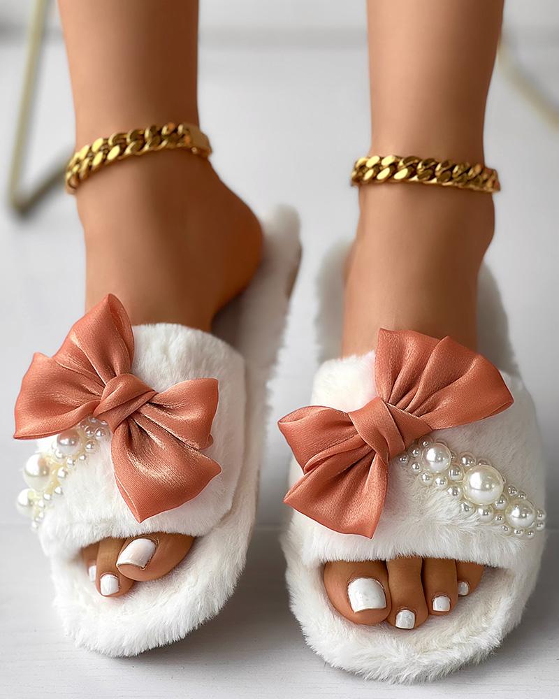 Fuzzy Bowknot Pearls Decor Slippers
