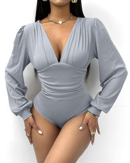 Deep V Neck Ruched Ribbed Bodysuit