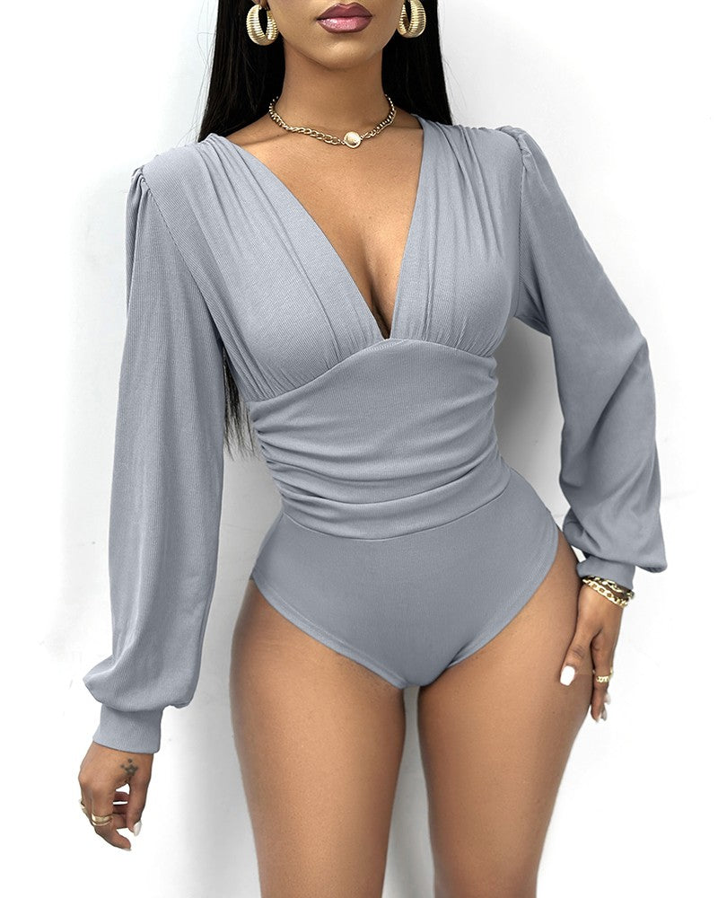 Deep V Neck Ruched Ribbed Bodysuit