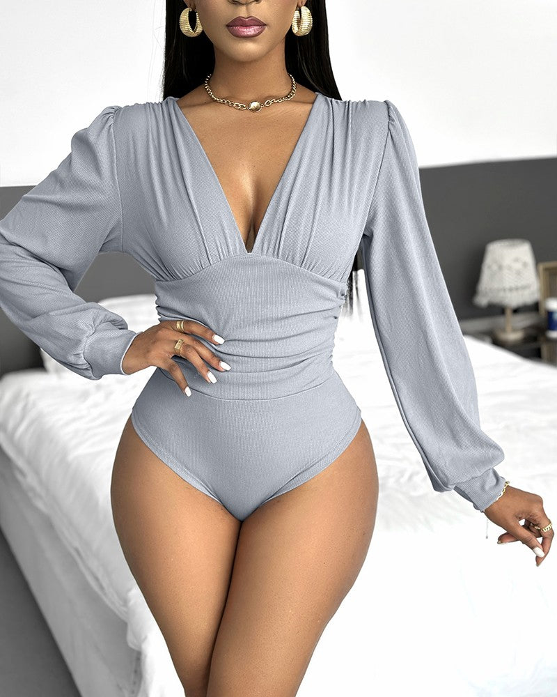 Deep V Neck Ruched Ribbed Bodysuit