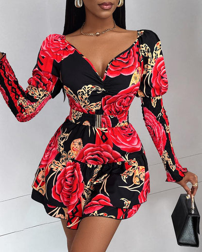 Floral Print Shirred Layered Dress