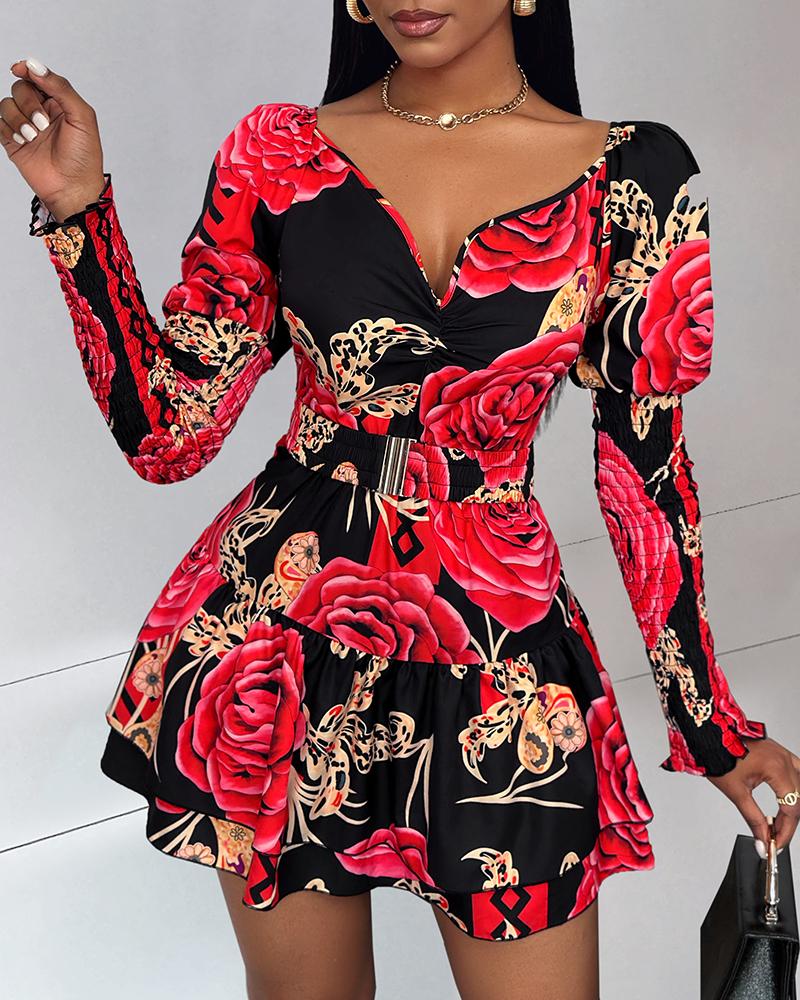 Floral Print Shirred Layered Dress