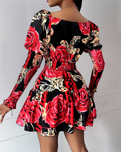 Floral Print Shirred Layered Dress