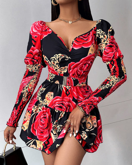 Floral Print Shirred Layered Dress