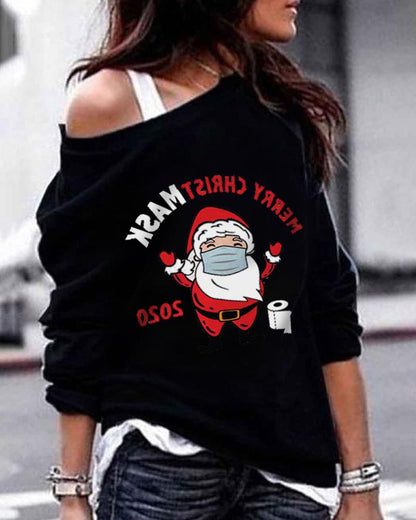 Christmas Santa Letter Print Cold Shoulder Sweatshirt