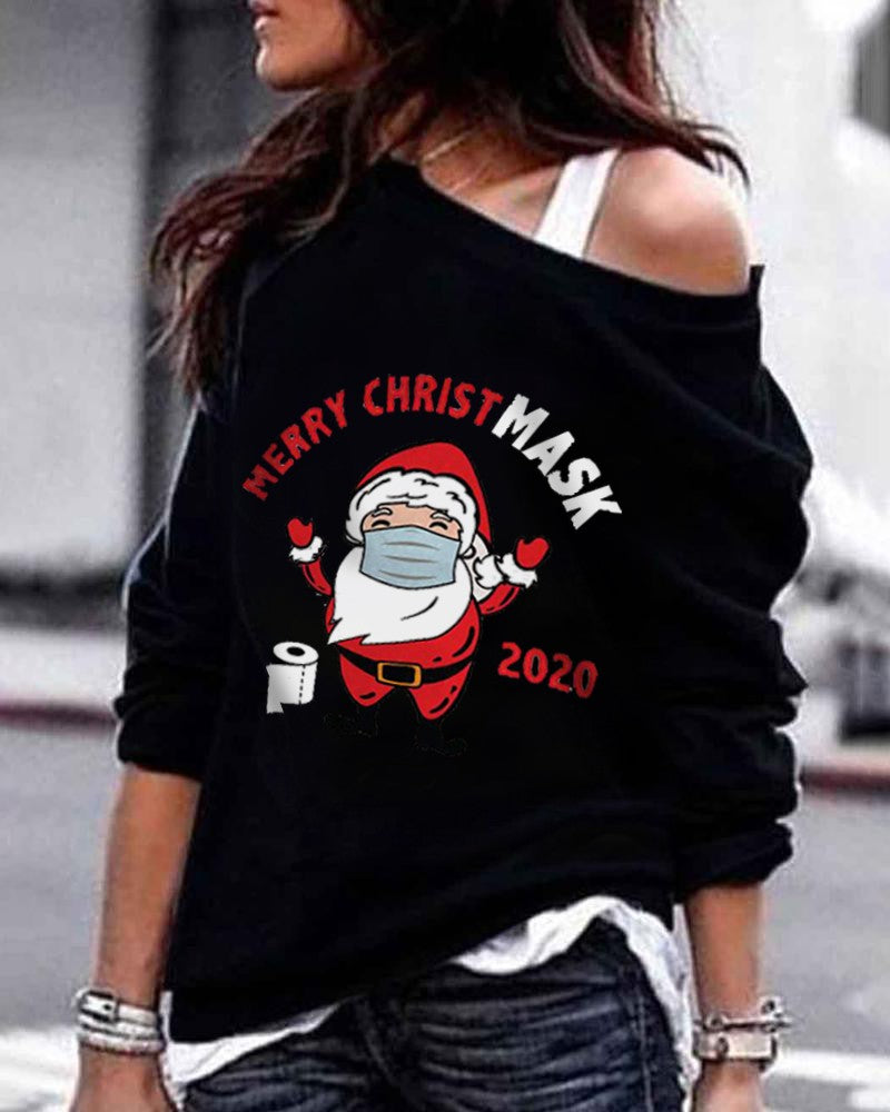 Christmas Santa Letter Print Cold Shoulder Sweatshirt