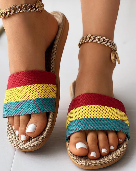 Colorblock Wide Strap Linen Slippers