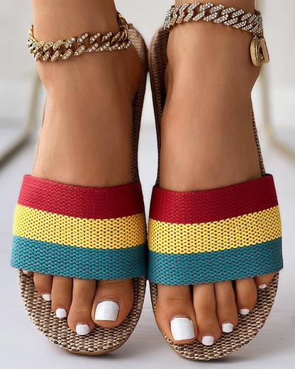 Colorblock Wide Strap Linen Slippers