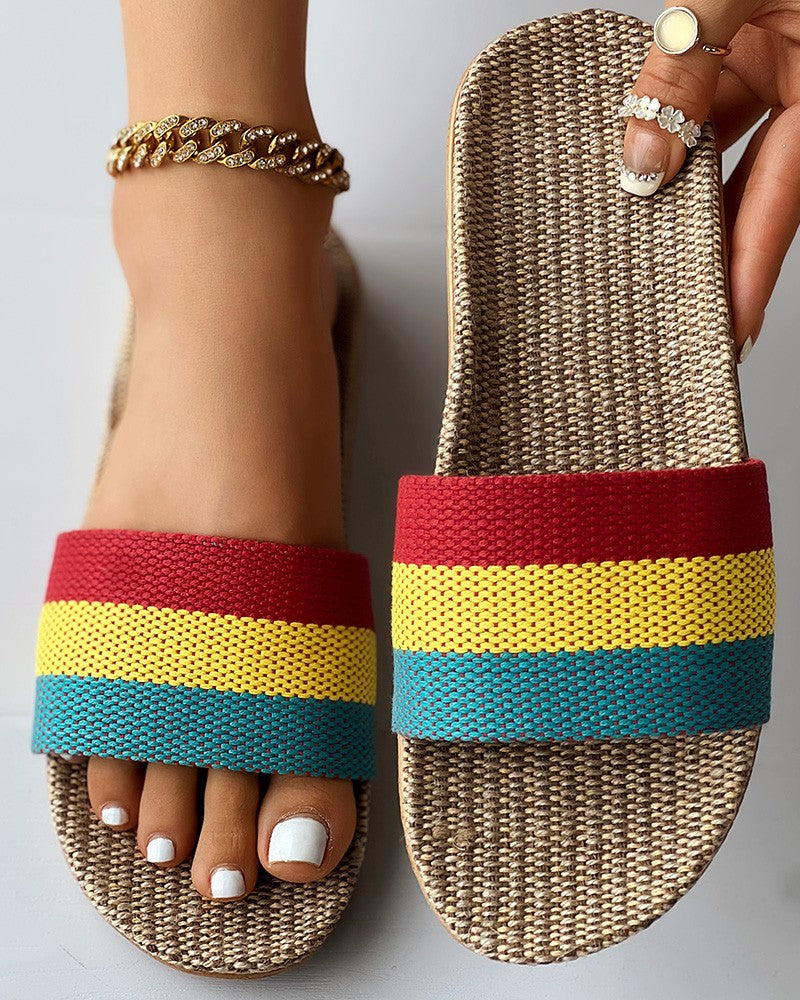 Colorblock Wide Strap Linen Slippers