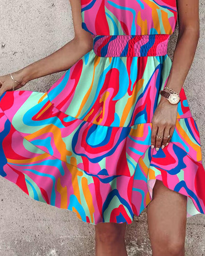 Multi Color Abstract Print Halter Shirred Dress