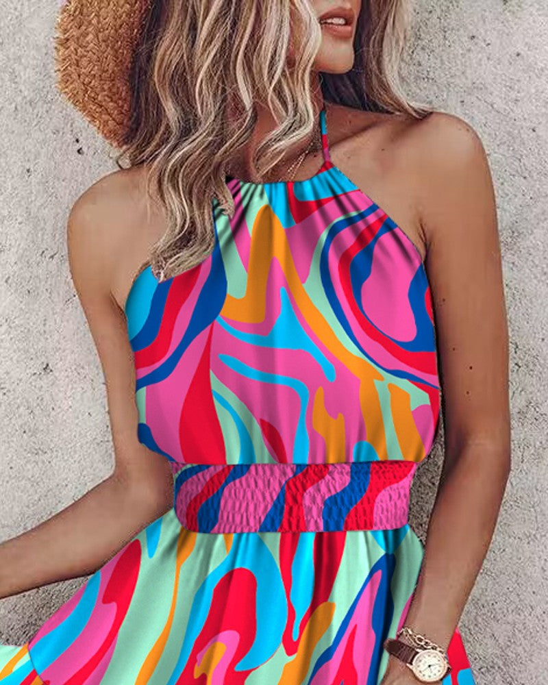 Multi Color Abstract Print Halter Shirred Dress