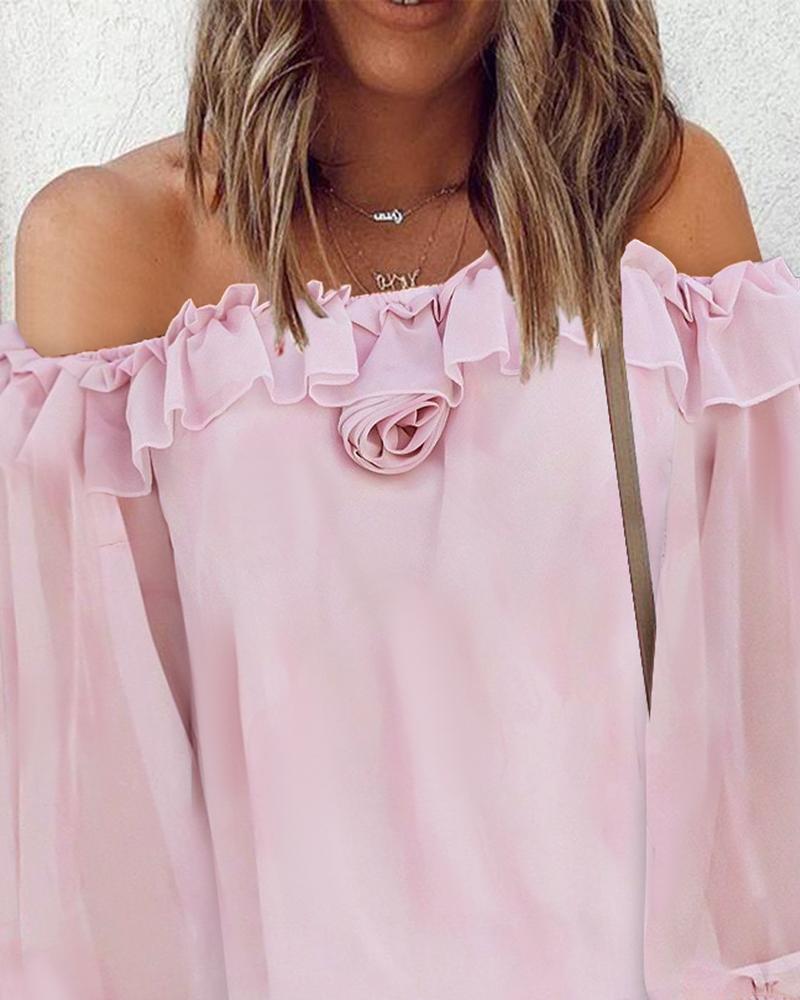 Rose Detail Ruffle Hem Off Shoulder Top