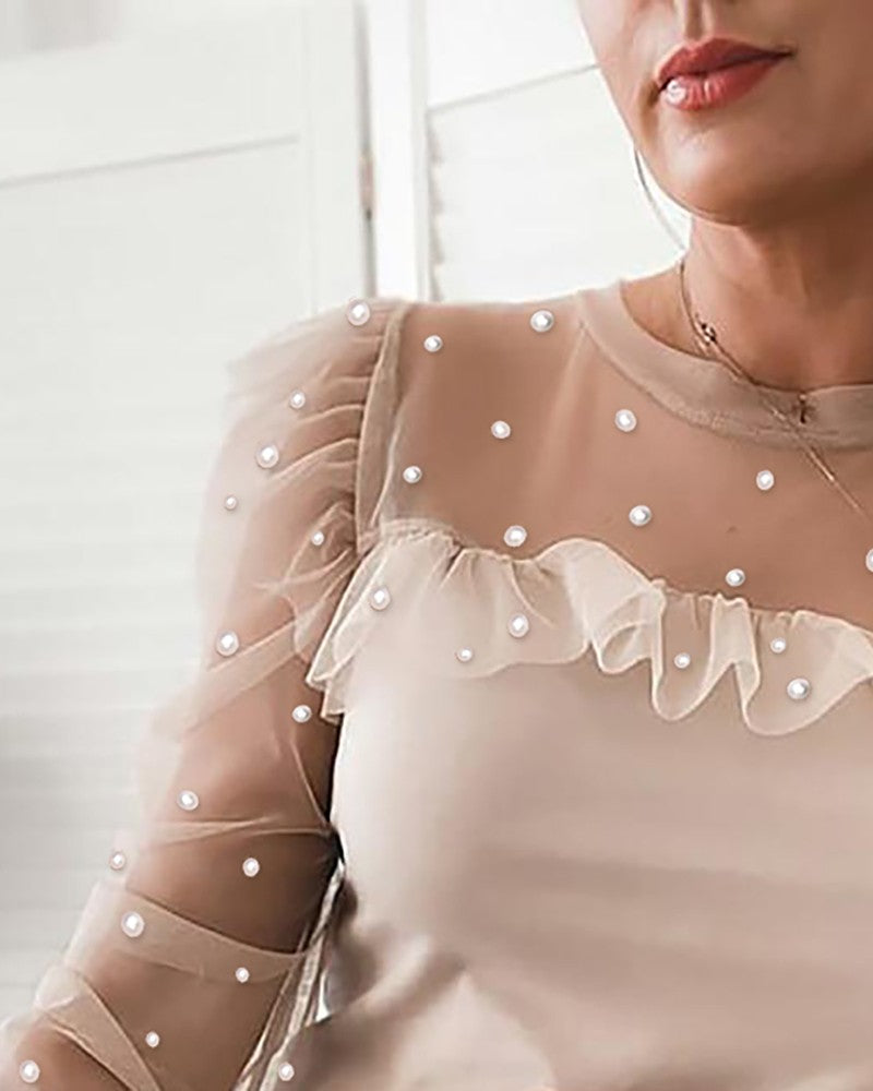 Beaded Sheer Mesh Ruffles Top