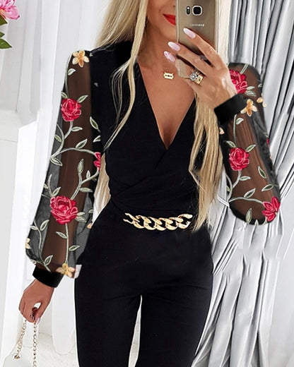 Floral Embroidery Chain Decor Jumpsuit