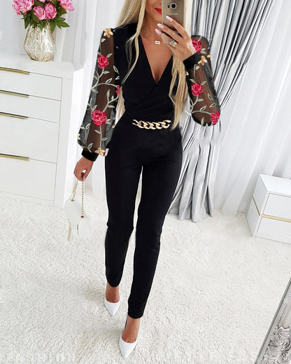 Floral Embroidery Chain Decor Jumpsuit