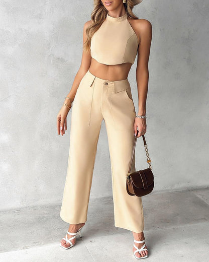 Halter Shirred Crop Top & Pocket Design Pants Set