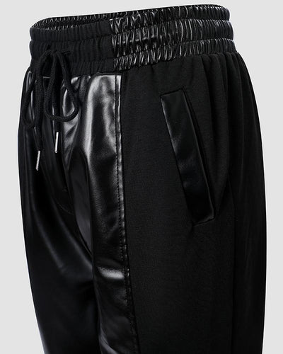 Contrast PU Leather Drawstring Cuffed Pants