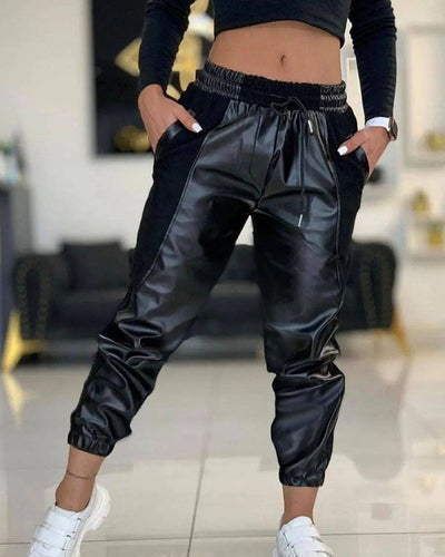 Contrast PU Leather Drawstring Cuffed Pants