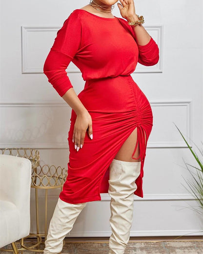 Plus Size Slit Drawstring Casual Dress