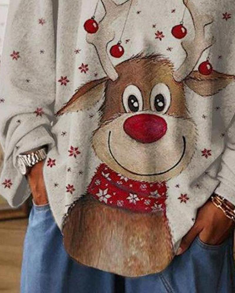 Christmas Snowflake Elk Print Long Sleeve Top