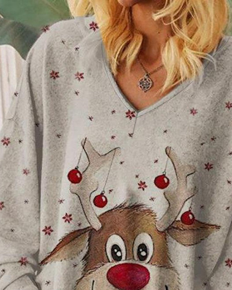 Christmas Snowflake Elk Print Long Sleeve Top