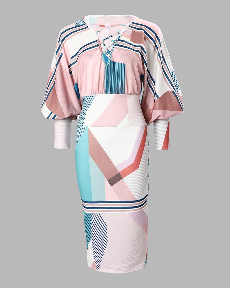 Geometric Print Lantern Sleeve Midi Dress