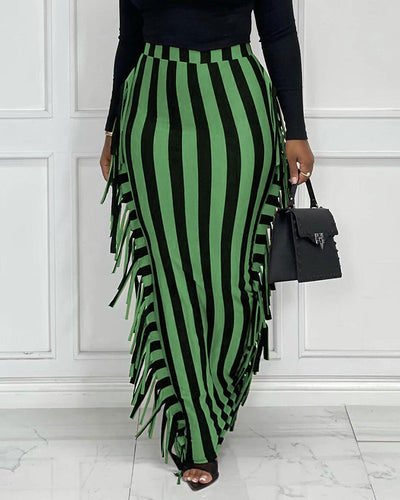 High Waist Striped Print Tassel Design Maxi Skirt