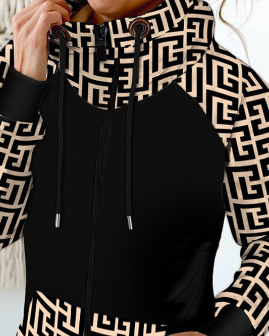 Geometric Print Zip Up Drawstring Sweatshirt