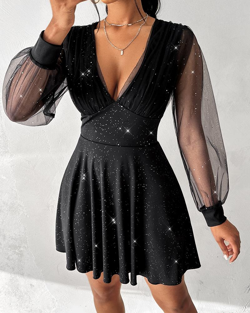 Sheer Mesh Glitter Plunge Party Dress