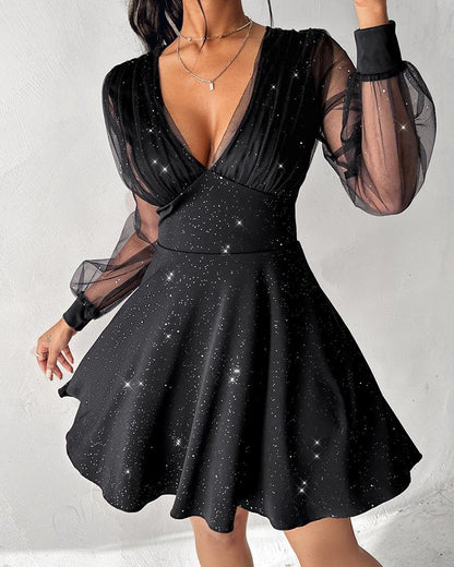 Sheer Mesh Glitter Plunge Party Dress